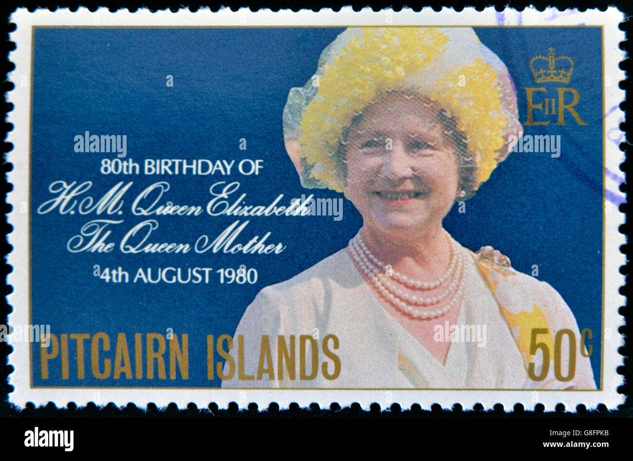 PITCAIRN ISLANDS - CIRCA1980: A stamp printed in Pitcairn islands shows a portrait of the Queen Mother, circa 1980 Stock Photo