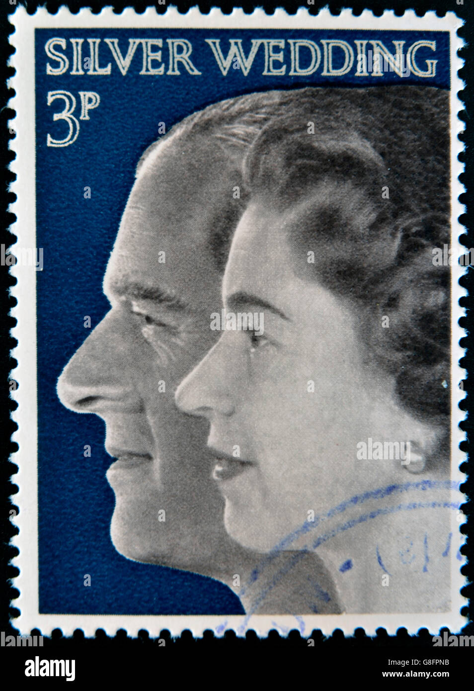 UNITED KINGDOM- CIRCA 1972: A stamp printed in Great Britian shows Queen Elizabeth II and Duke of Edinburgh, commemoration their Stock Photo