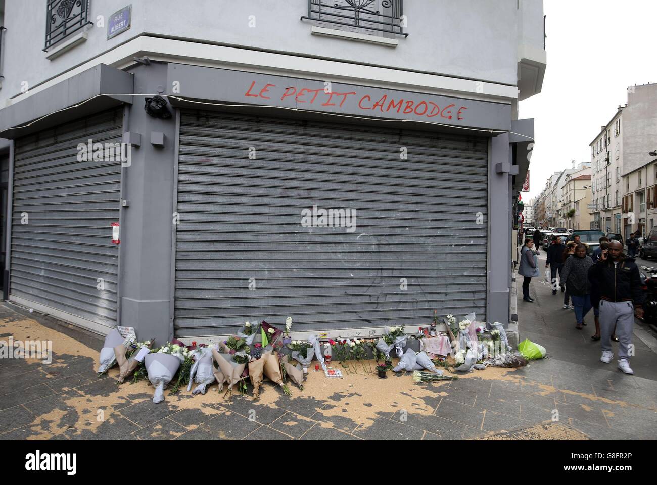Tributes left outside Le Petit Cambodge, Paris, one of the venues for the attacks in the French capital which are feared to have killed around 127 people. Stock Photo