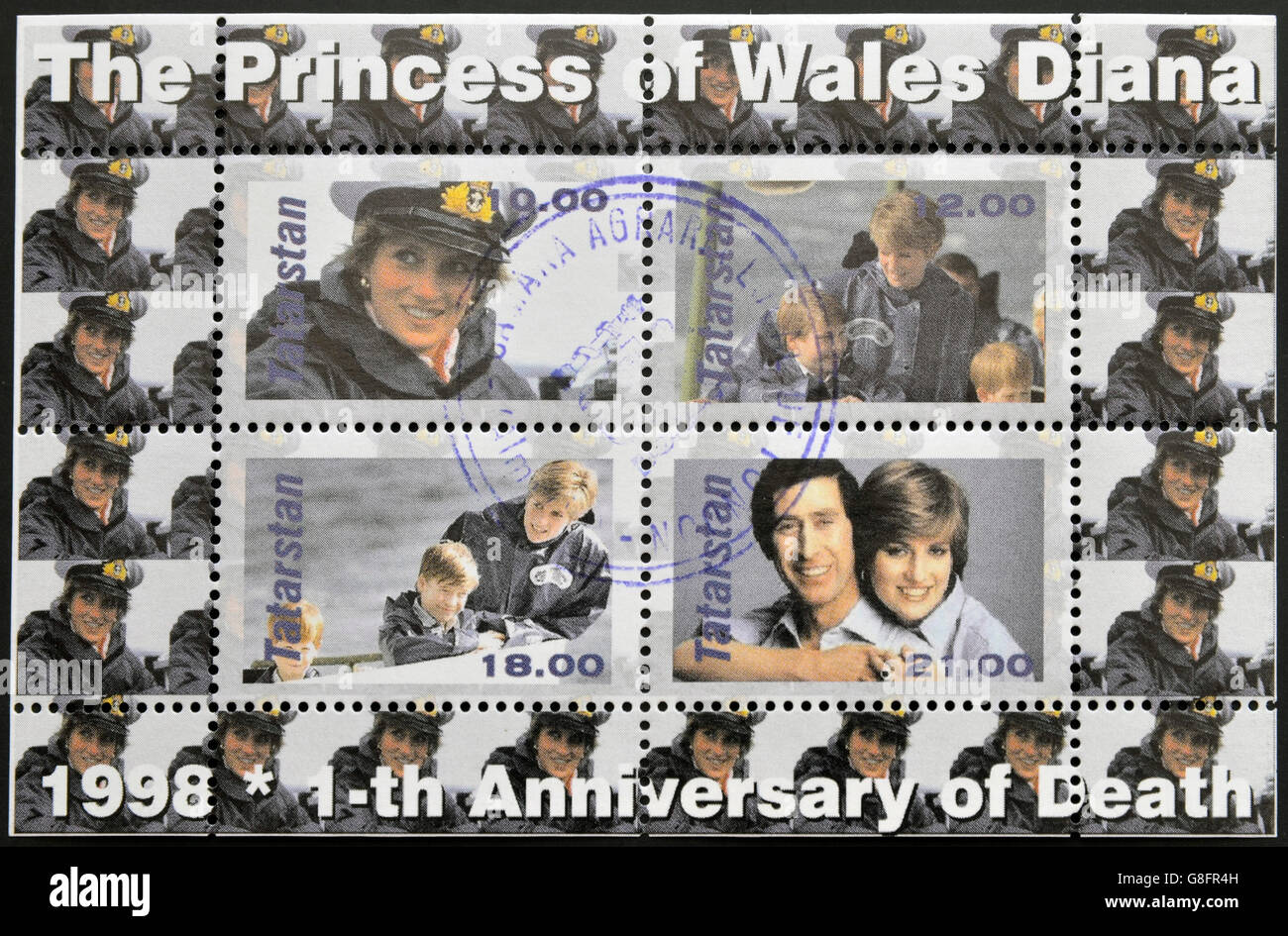 TATARSTAN - CIRCA 1998: A stamp printed in  Republic of Tatarstan shows commemorative portraits of first anniversary of the deat Stock Photo