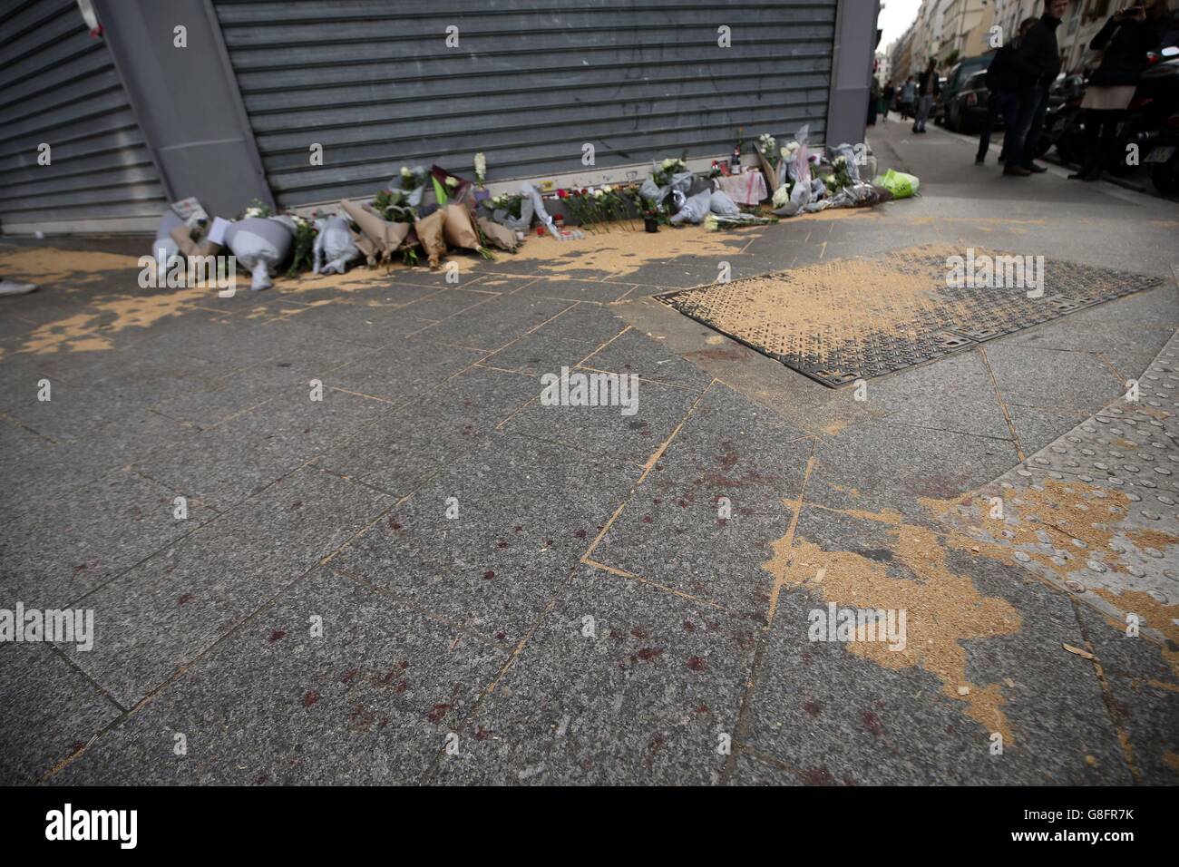 Tributes left outside Le Petit Cambodge, Paris, one of the venues for the attacks in the French capital which are feared to have killed around 127 people. Stock Photo