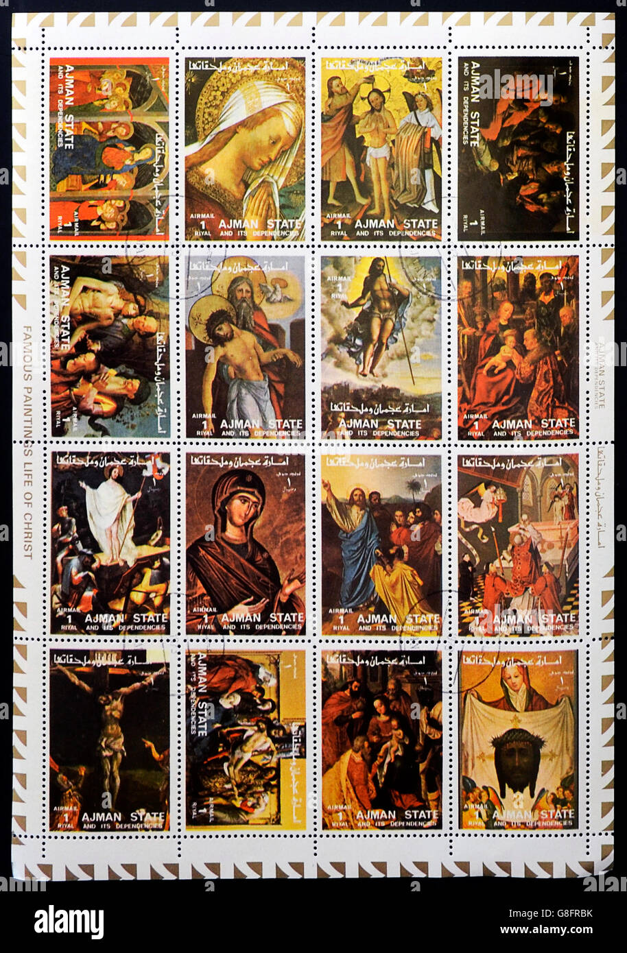 AJMAN - CIRCA 1973: Collection stamps printed in Ajman Emirate shows Famous paintings life of Christ, circa 1973 Stock Photo