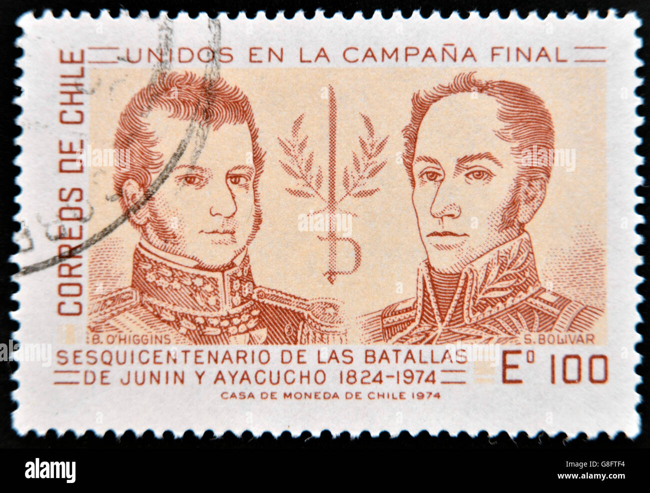 CHILE - CIRCA 1974: A stamp printed in Chile dedicated to sesquicentennial of the battle of Junin and Ayacucho, shows Simon Boli Stock Photo
