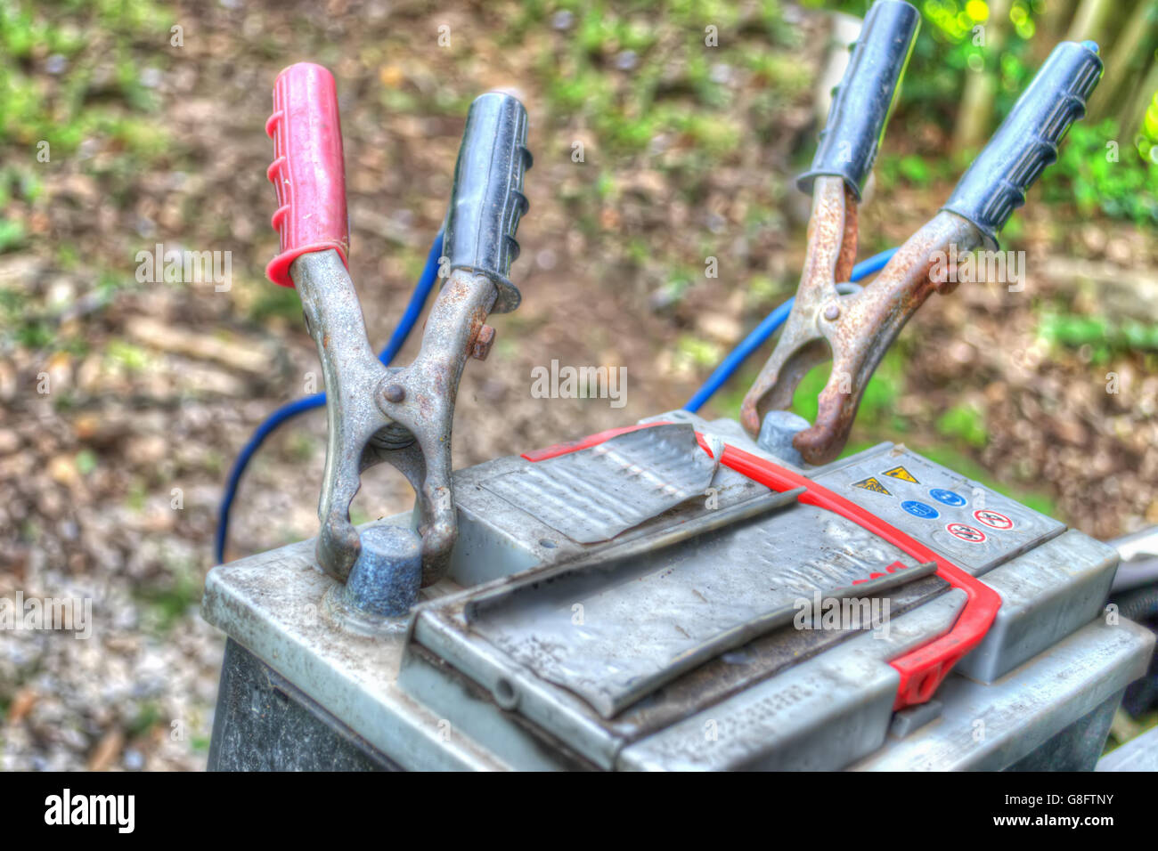 car battery with cables in hdr tone mapping Stock Photo Alamy