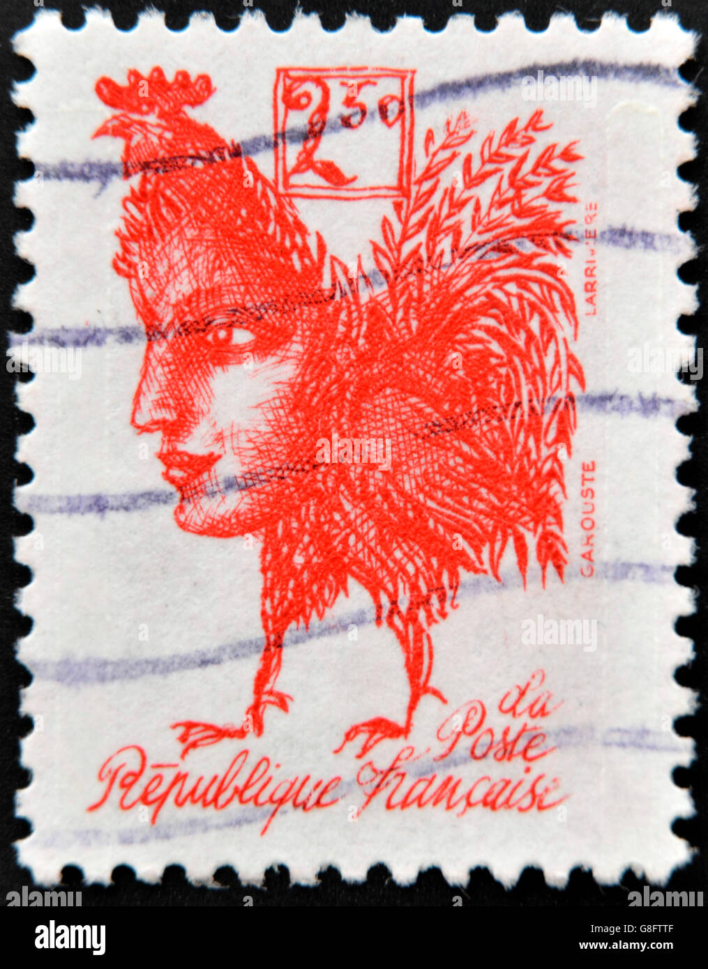 FRANCE - CIRCA 1992: A stamp printed in France commemorating the bicentennial of the French Republic, shows a gallic rooster wit Stock Photo