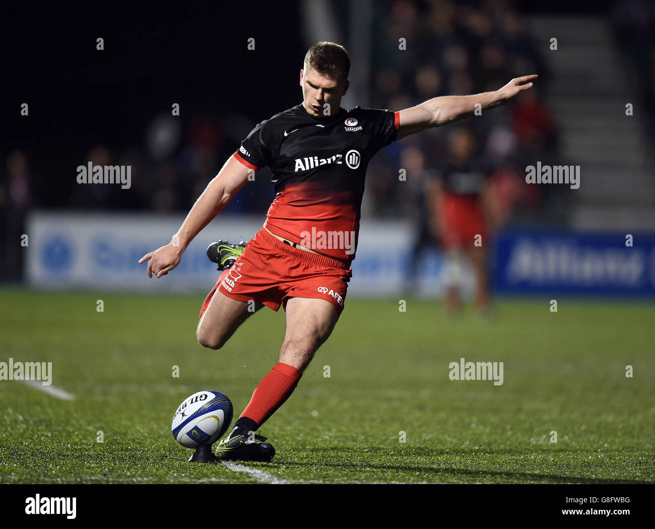 Saracens' Owen Farrell kicks a conversion during the European Champions ...