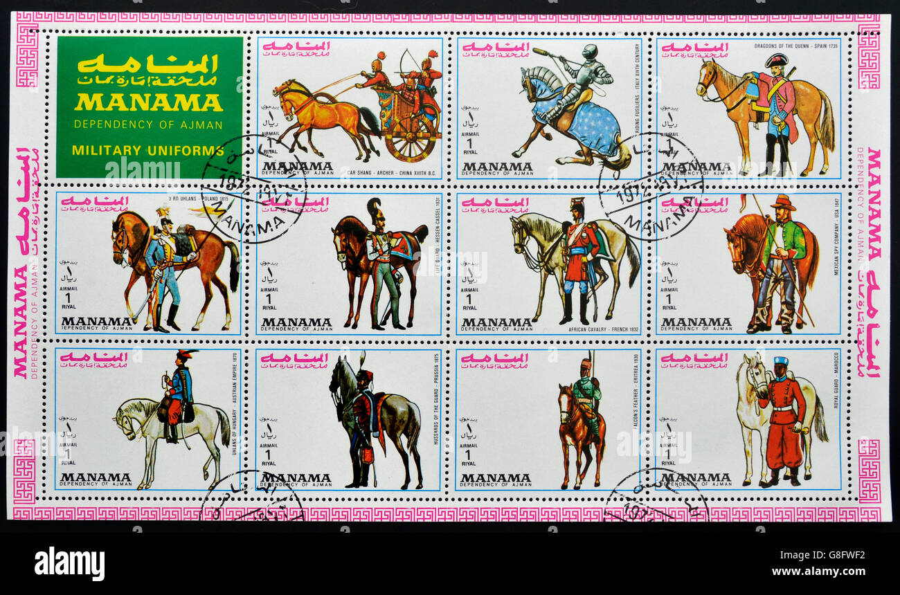 MANAMA - CIRCA 1972: A stamp printed in Manama shows of 11 leaf Stamps Military Uniforms, circa 1972 Stock Photo