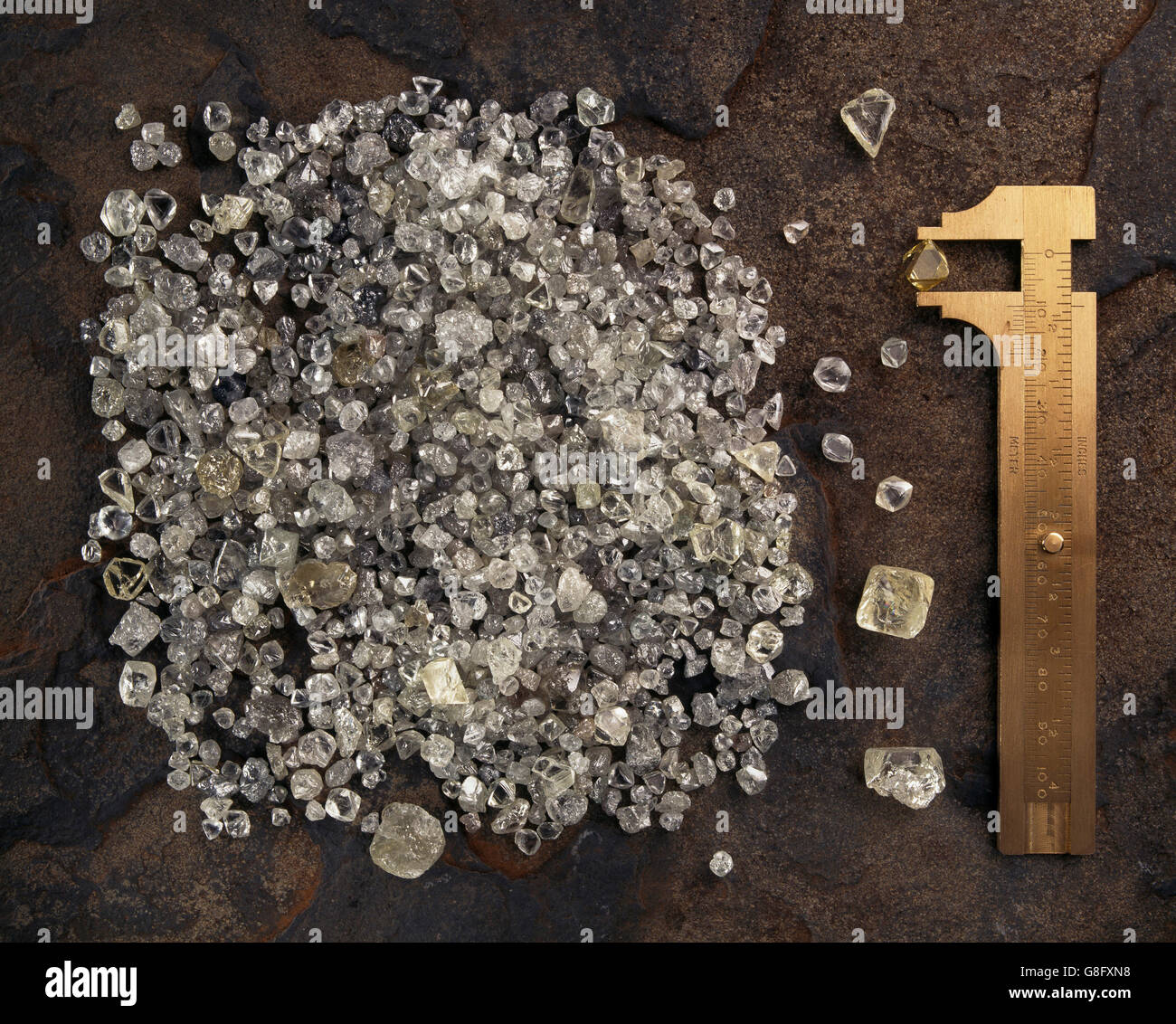 Diamond Measuring Ruler Diamonds and kimberlite with measurement tool ruler, South Africa Stock ...