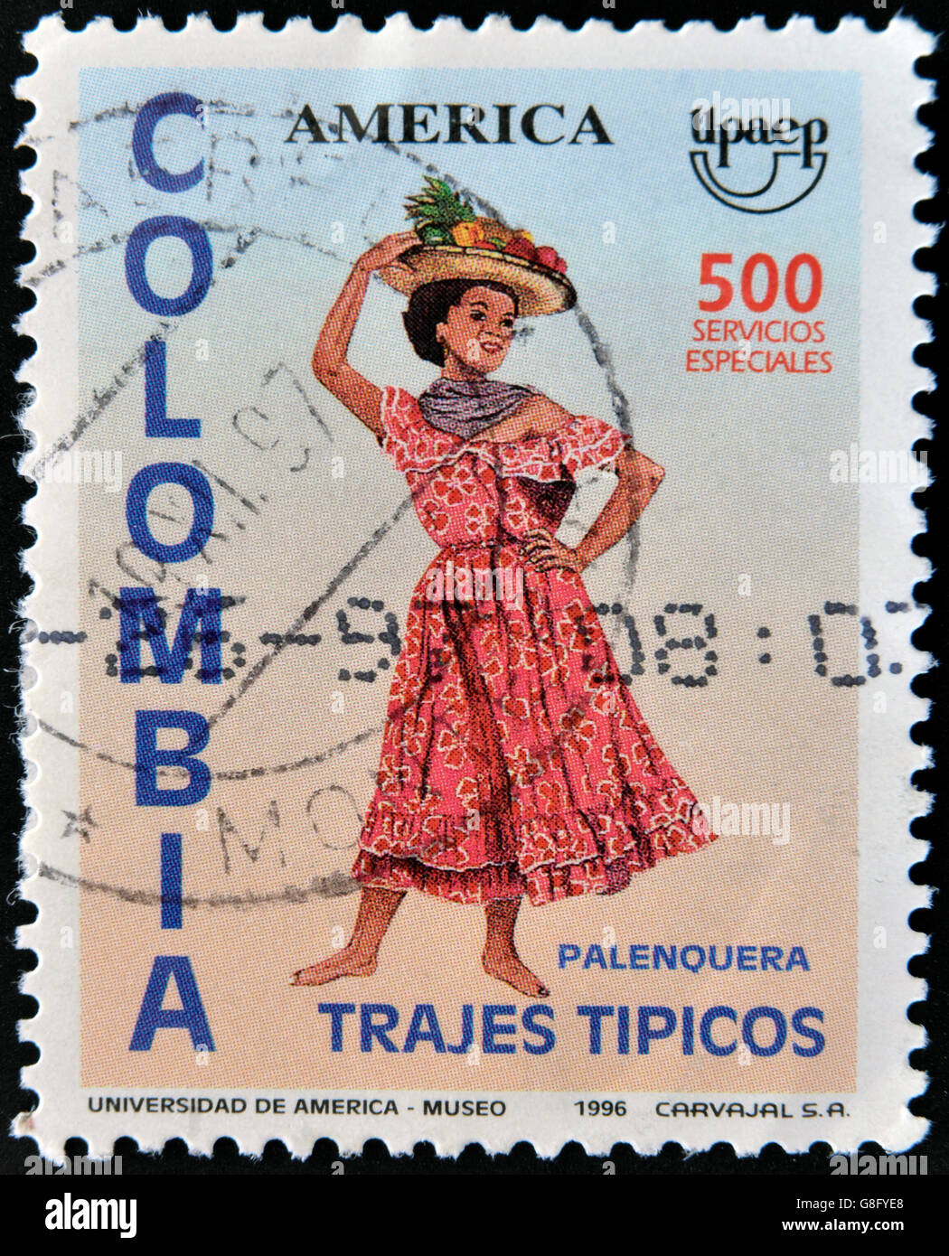 COLOMBIA - CIRCA 1996: A stamp printed in Colombia dedicated to tradittional dress, shows palenquera, circa 1996 Stock Photo