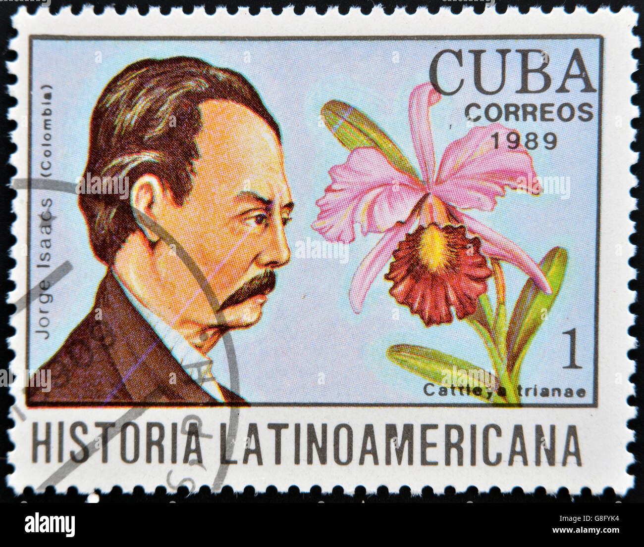 CUBA - CIRCA 1989: A stamp printed in CUBA dedicated to Latin American history shows a Cattleya trianae and Jorge Isaacs, circa Stock Photo