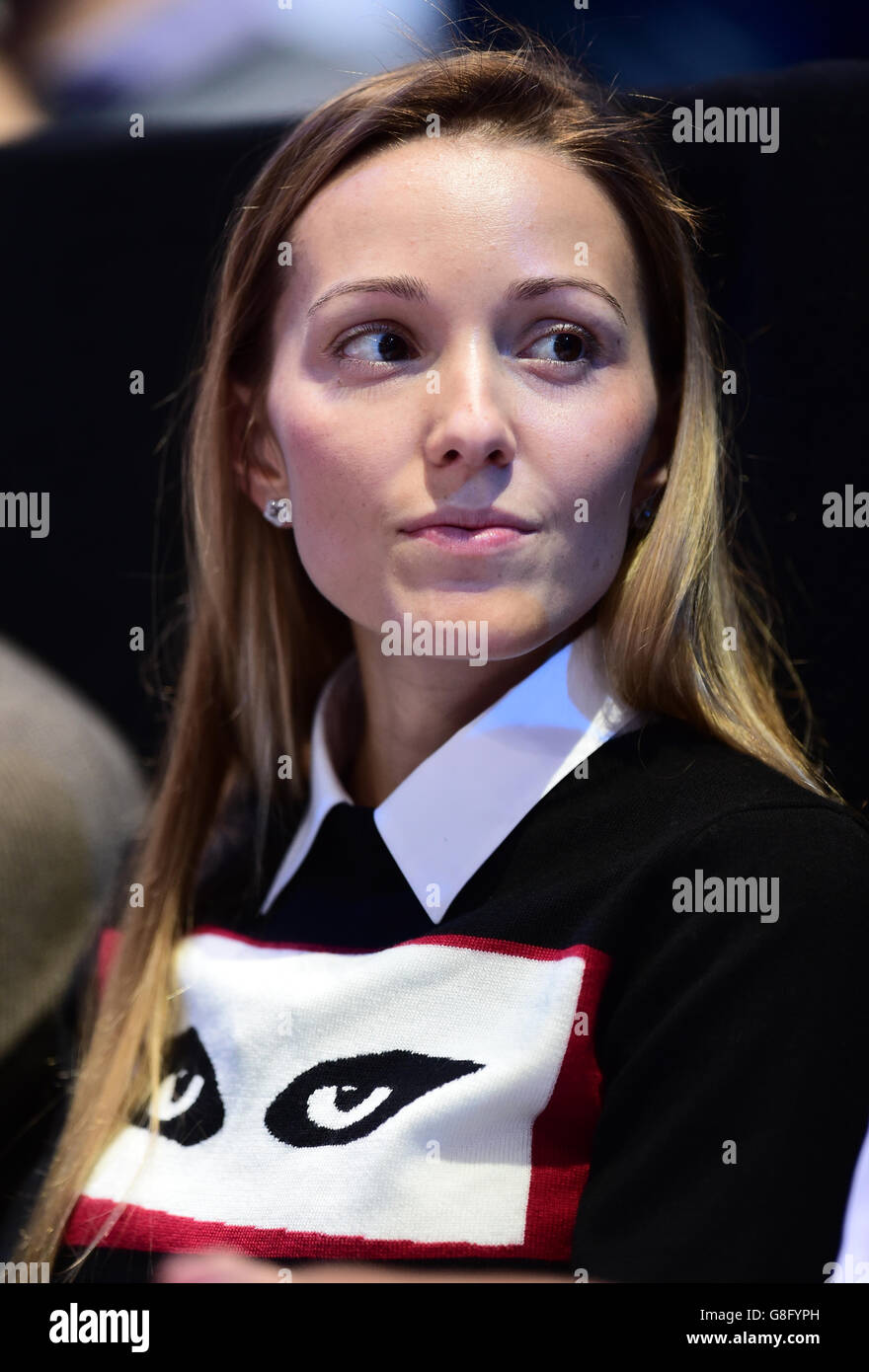 Jelena Djokovic, wife of Serbia's Novak Djokovic, watches the action during day five of the ATP World Tour Finals at the O2 Arena, London. PRESS ASSSOCIATION Photo. Picture date: Thursday November 19, 2015. See PA story TENNIS London. Photo credit should read: Adam Davy/PA Wire. Stock Photo