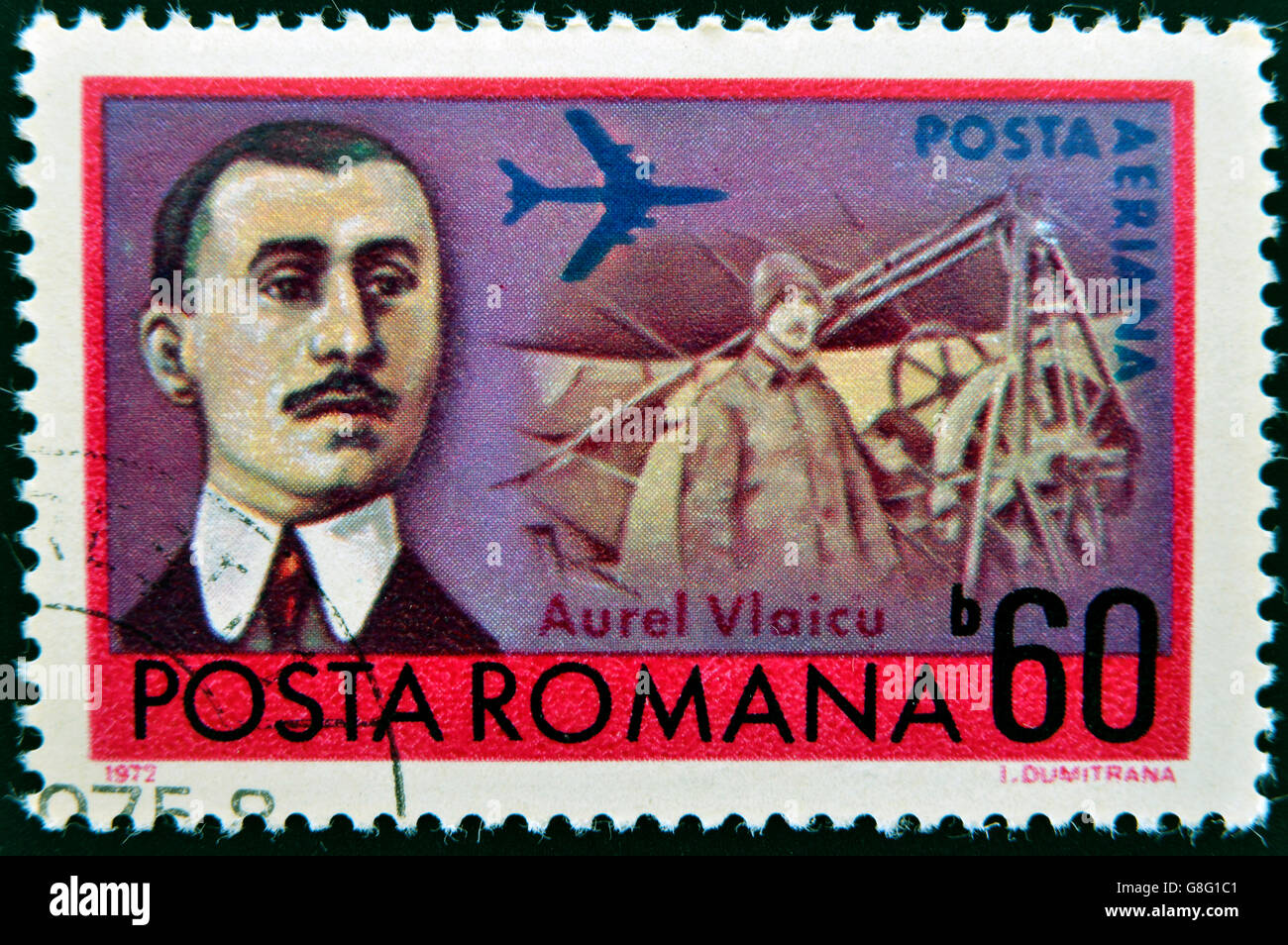 ROMANIA - CIRCA 1972: A stamp printed in Romania show Aurel Vlaicu, aviation pioneer, circa 1972. Stock Photo