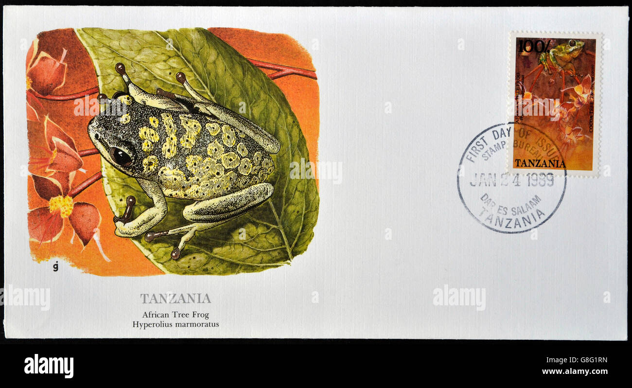 TANZANIA - CIRCA 1989: A stamp printed in Tanzania shows african tree frog, hyperolius marmoratus, circa 1989 Stock Photo