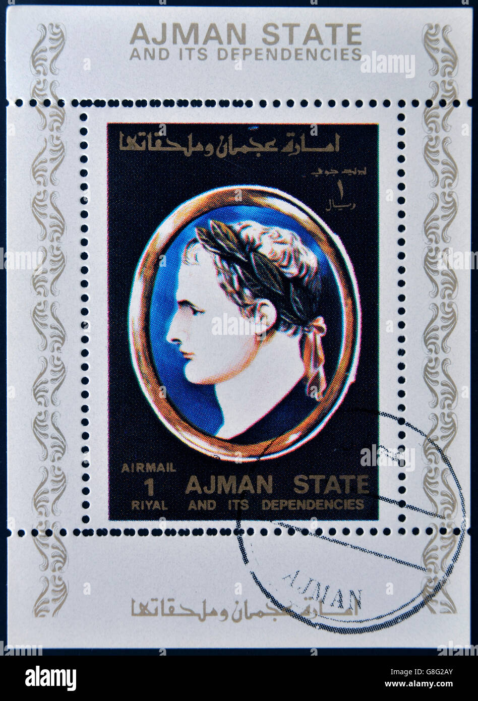 AJMAN STATE - CIRCA 1975: A stamp printed in United Arab Emirates (UAE) shows Julius Caesar, Emperor of Rome, circa 1975 Stock Photo