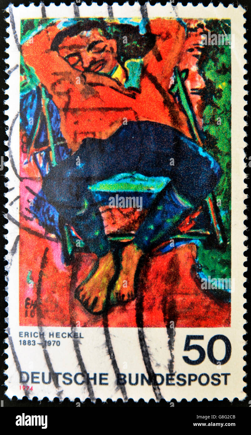 GERMANY- CIRCA 1974: stamp printed in Germany, shows Pechstein Asleep by Erich Heckel, circa 1974. Stock Photo
