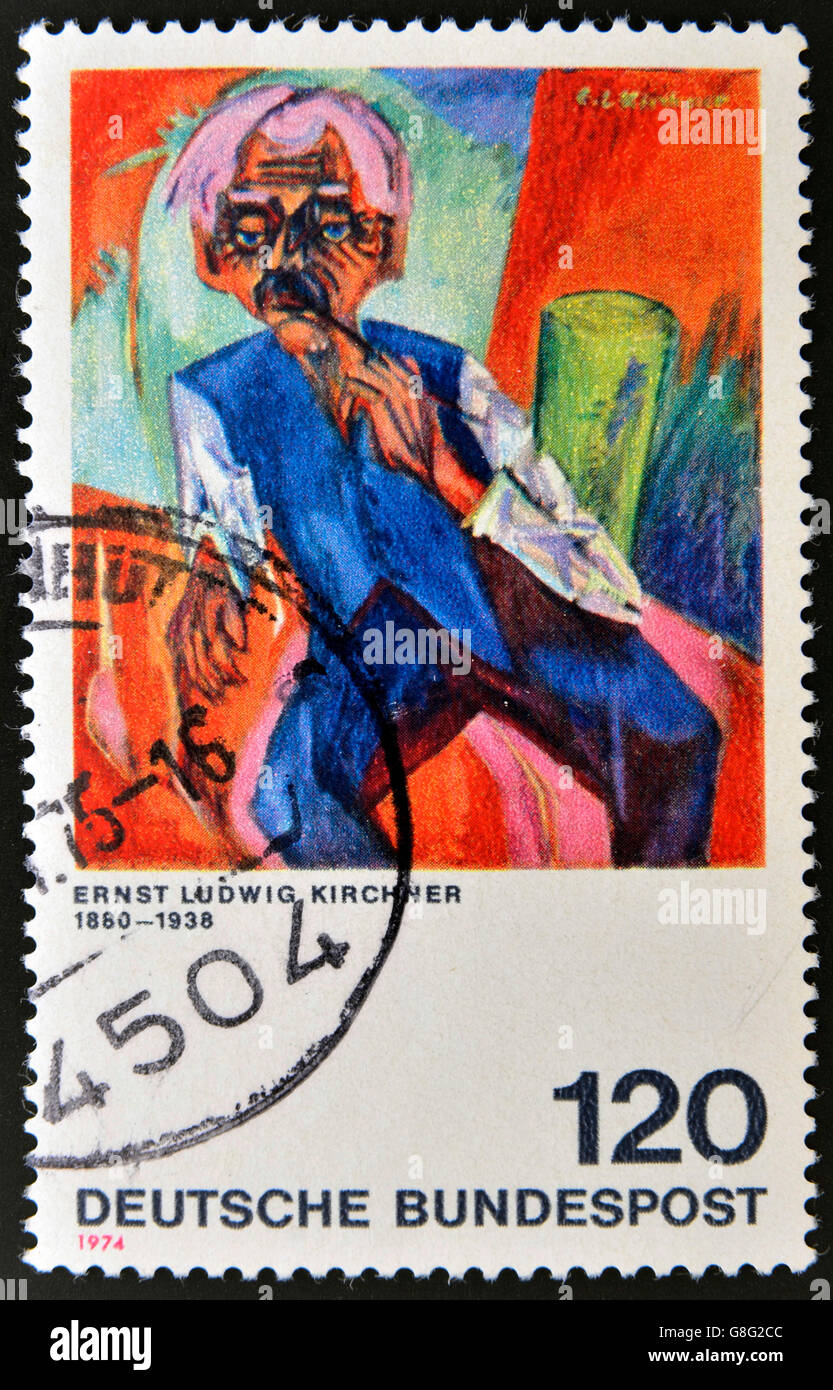 GERMANY - CIRCA 1974: A stamp printed in Germany shows painting by Ernst Ludwig Kirchner, circa 1974 Stock Photo