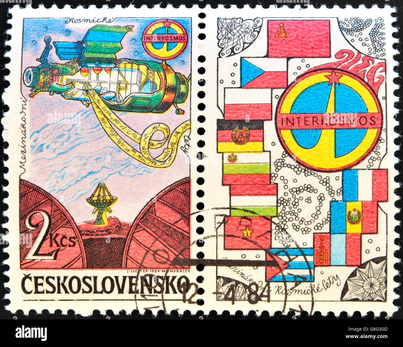 CZECHOSLOVAKIA - CIRCA 1984: A stamp printed in Czechoslovakia dedicated to Soviet Intercosmos program shows orbital station and Stock Photo