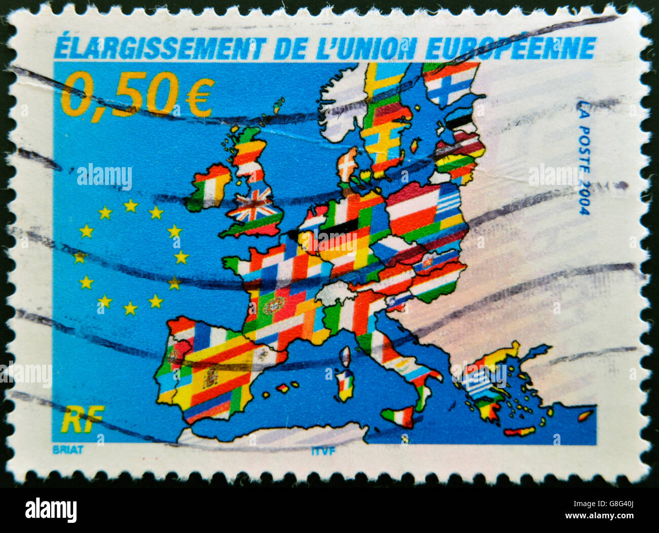 FRANCE - CIRCA 2004: postage stamp printed in France shows a map of Europe with the flags of the members of the European Union , Stock Photo
