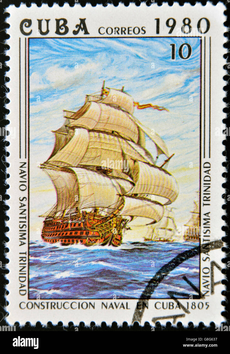 CUBA - CIRCA 1980: A stamp printed in Cuba shows Ship-building shipyard, circa 1980 Stock Photo