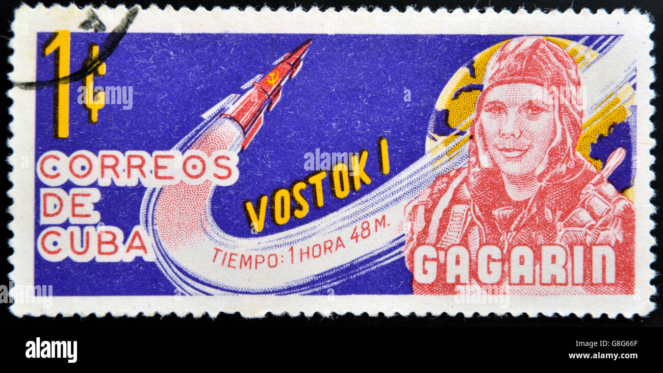 CUBA - CIRCA 1963: A stamp printed in Cuba shows Gagarin and rocket Vostok 1, circa 1963 Stock Photo