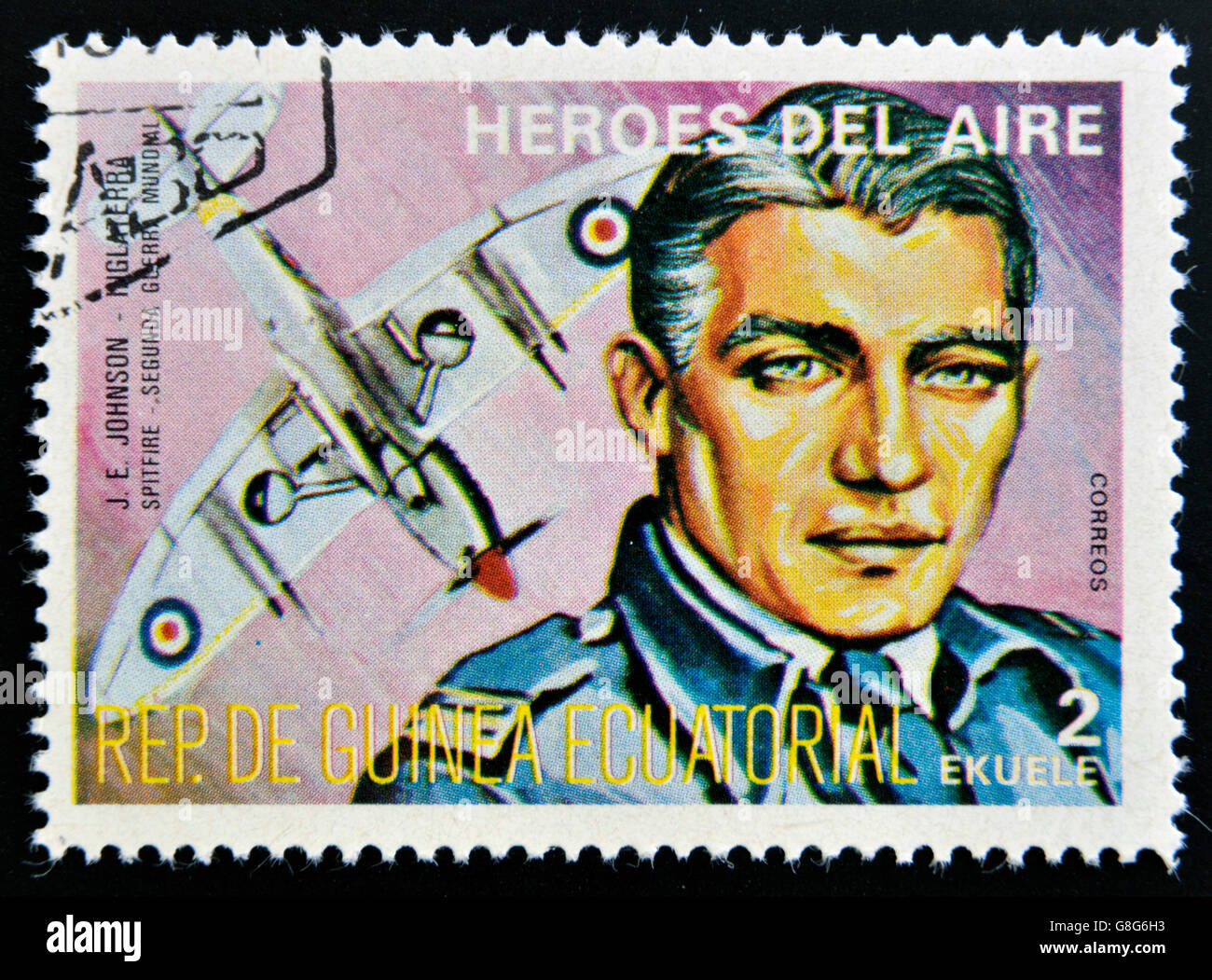 EQUATORIAL GUINEA - CIRCA 1974: stamp printed in Guinea dedicated to air heroes, shows J. E. Johnson, historic aviator Stock Photo