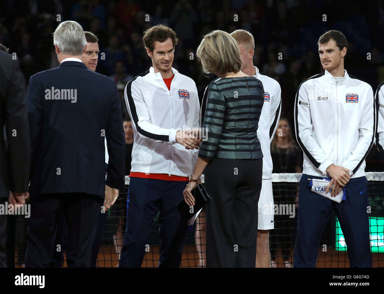 Great Britain's Andy Murray shakes hands with Queen Mathilde of Belgium ...