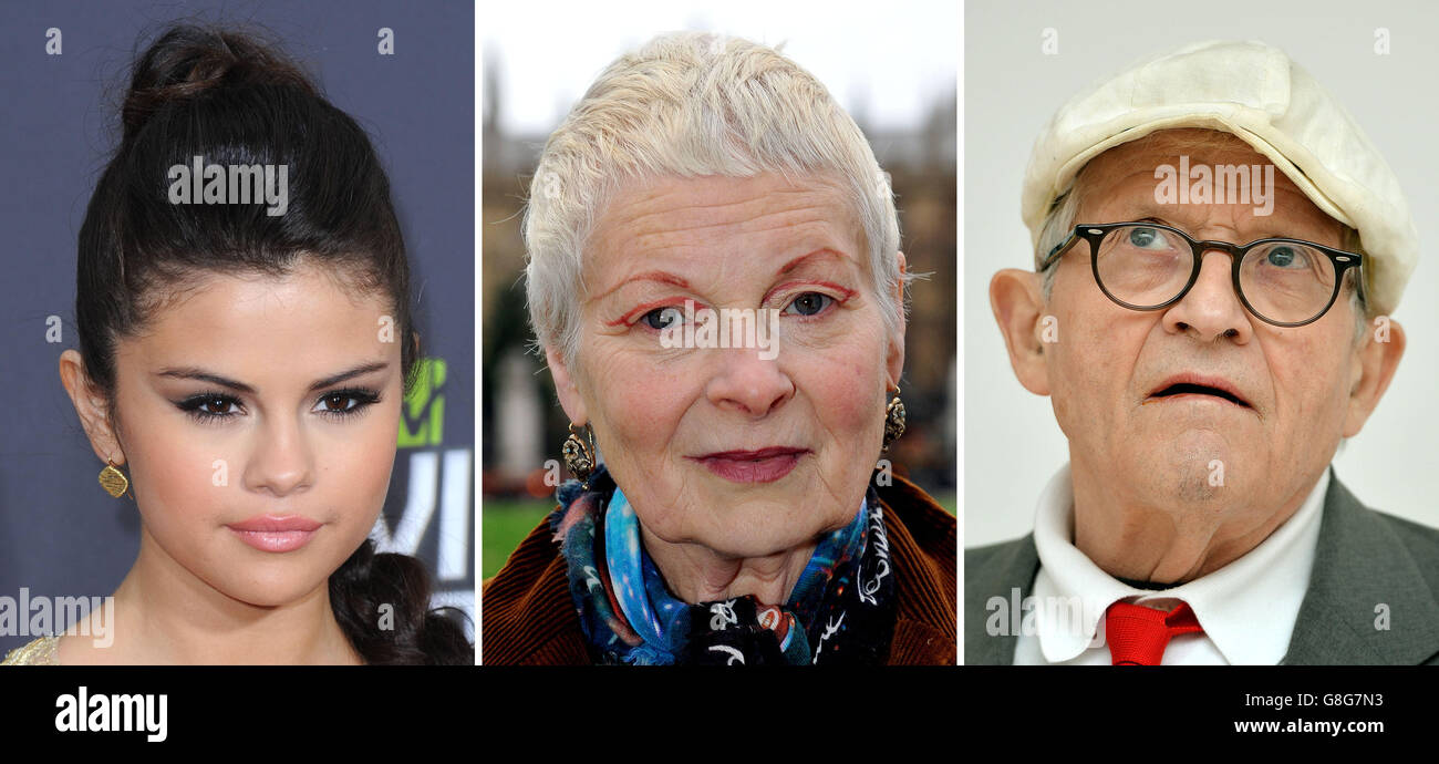 File photos of (from the left) Selena Gomez, Dame Vivienne Westwood and David Hockney. Stock Photo