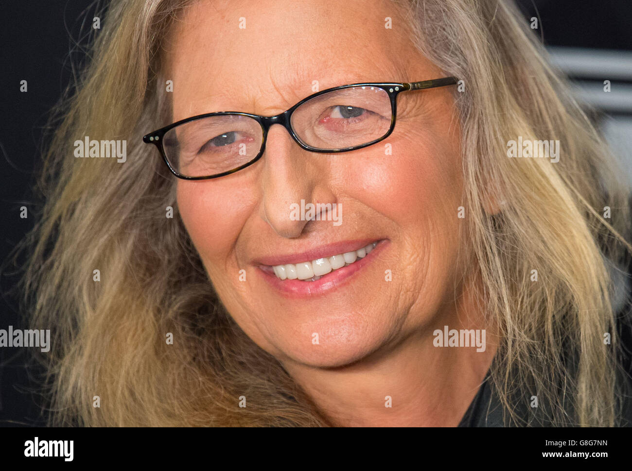 Photographer Annie Leibovitz at the launch for 2016 Pirelli Calendar in the Grosvenor Hotel, London. Stock Photo