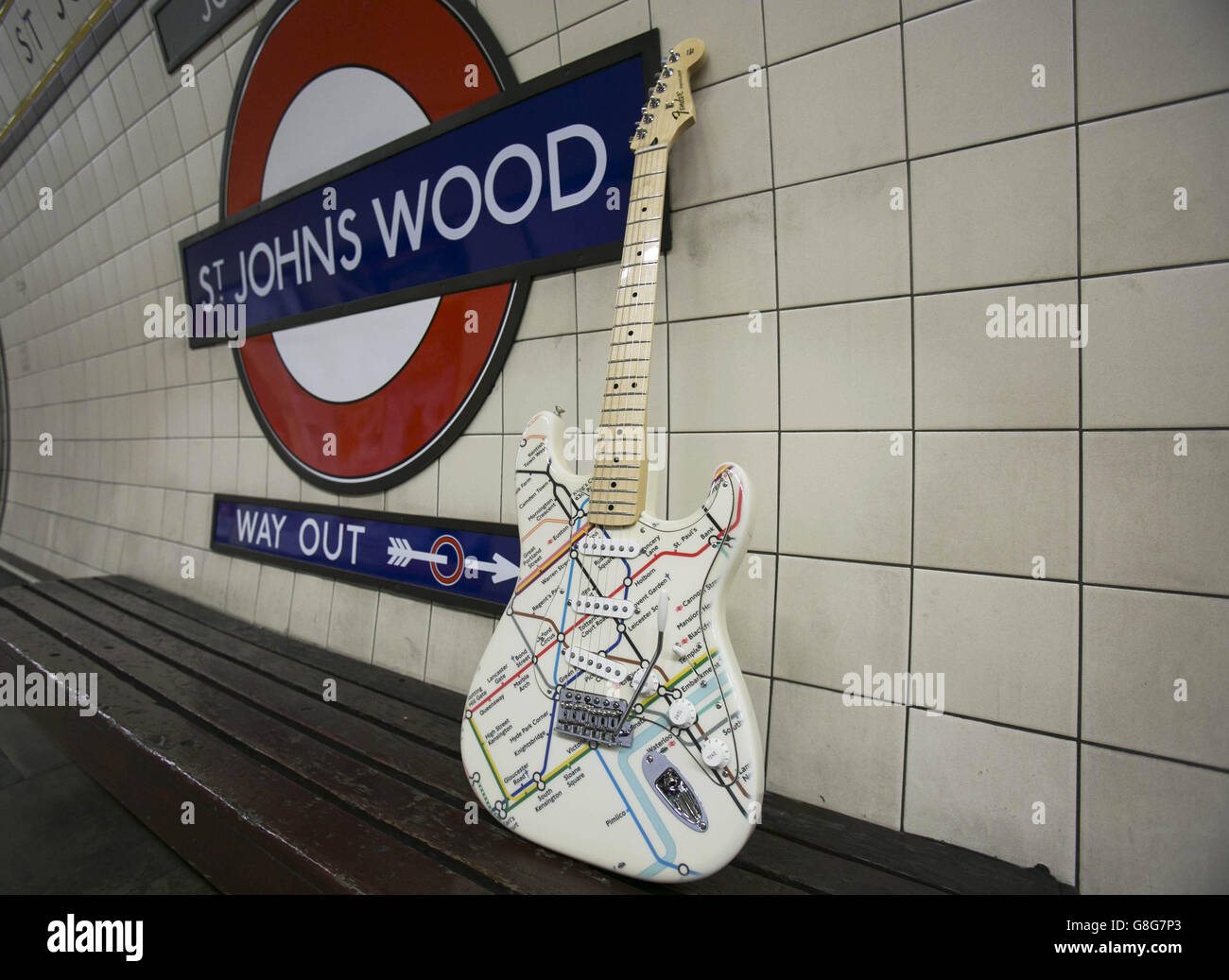 A special edition Fender Stratocaster guitar illustrated with the London Underground map unveiled by musician James Black at St John's Wood Tube station, to celebrate Transport for London and the London Transport Museum's Transported by Design programme. Stock Photo