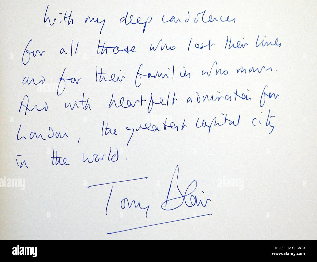 The Words Of Britain S Prime Minister Tony Blair As They Are Written In The Book Of Condolence For The Victims Of Last Week S Terror Blasts Stock Photo Alamy