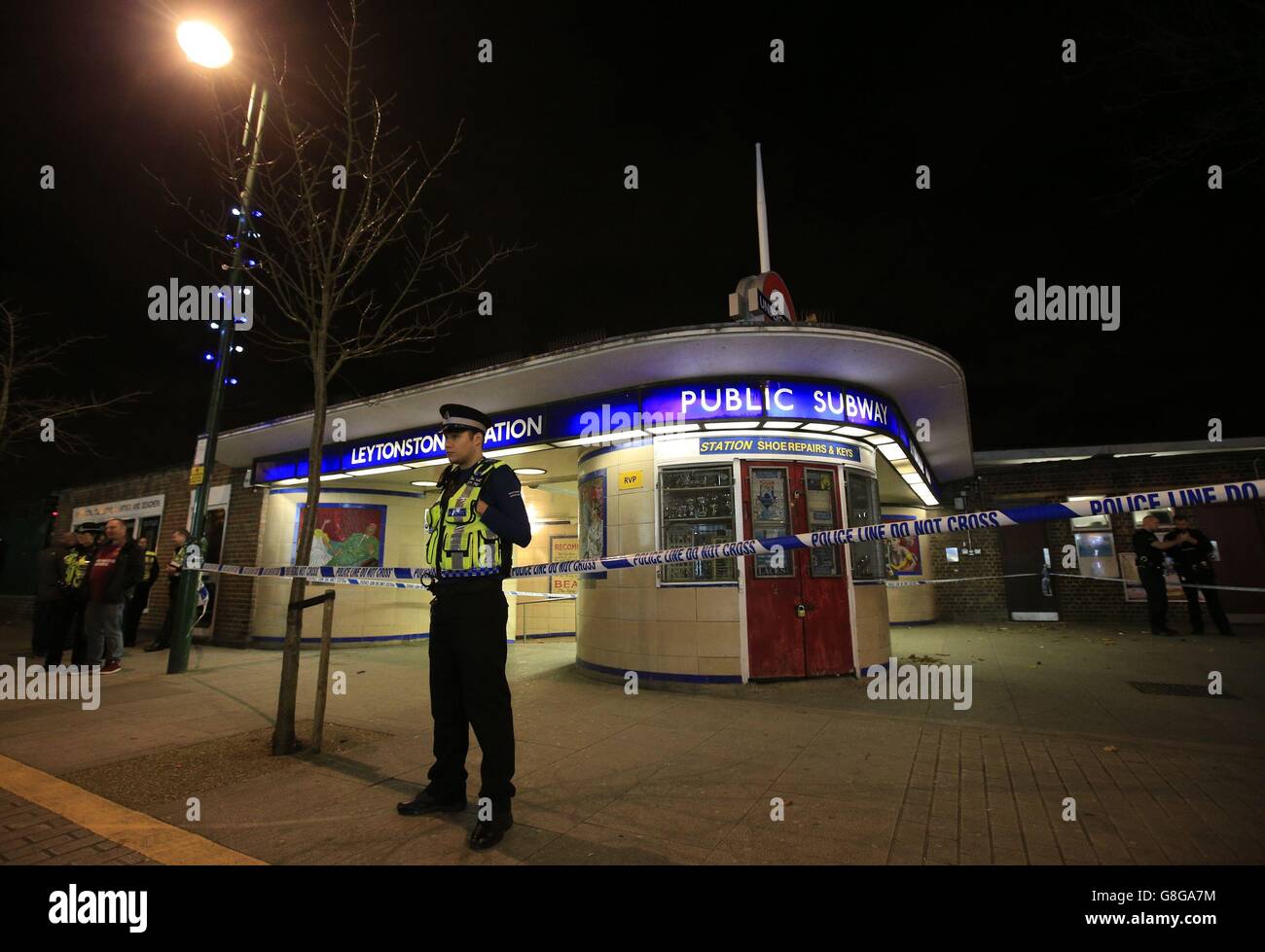 Leytonstone stabbing. Police cordon off Leytonstone Underground Station in east London following a stabbing incident. Stock Photo