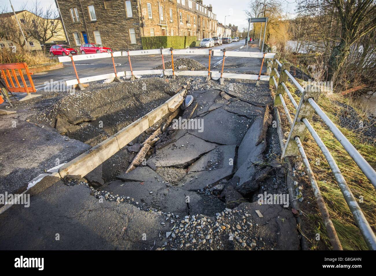 Flood damage in Hawick, Scotland, after the River Teviot burst its banks after Storm Desmond tore through Britain, bringing strong winds and heavy rain. Stock Photo