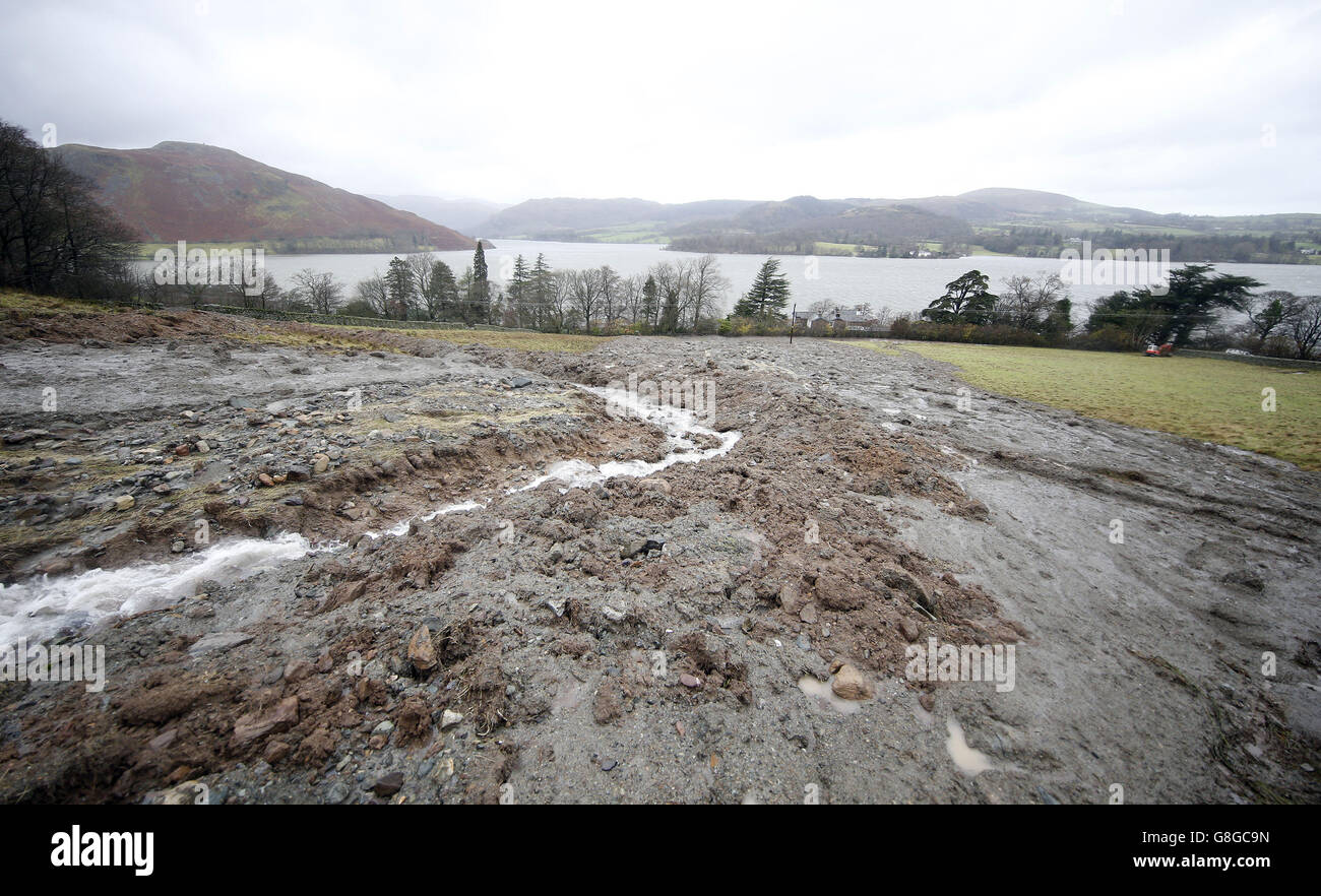 A Mudslide which has hit two houses on the banks of Ullswater, Cumbria after Storm Desmond hit the area last weekend. Stock Photo