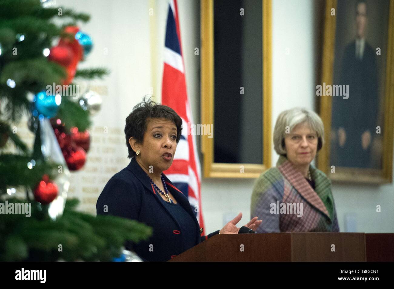 Home Secretary Theresa May (right) and United States Attorney General Loretta Lynch at the US Embassy in London where they discussed transatlantic cooperation in tackling modern slavery and made an announcement on further assistance for victims of modern slavery in the UK. Stock Photo