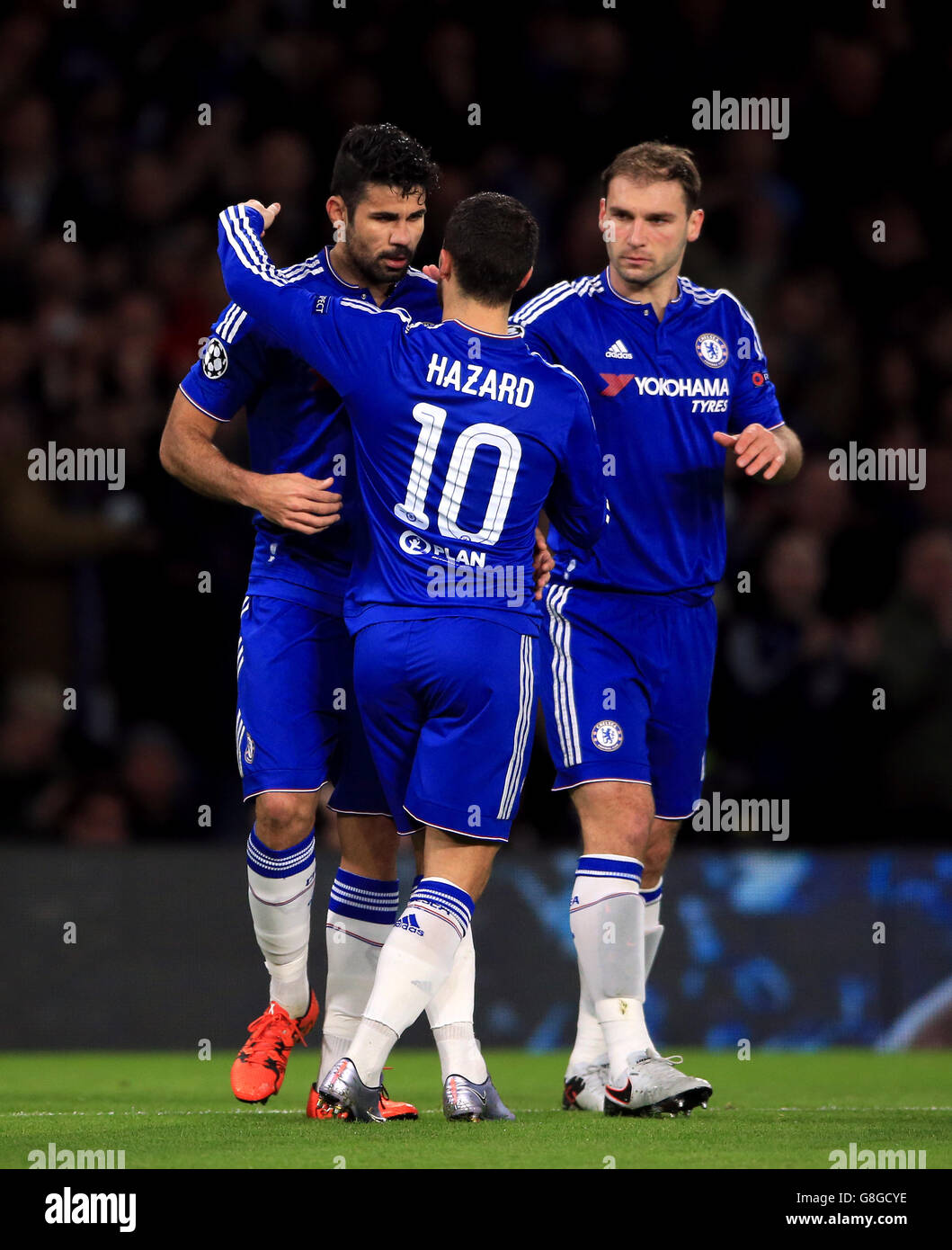 Chelsea's Diego Costa celebrates with Eden Hazard after his shot at goal  leads to an own goal scored by Porto's Ivan Marcano during the UEFA Champions  League match at Stamford Bridge, London