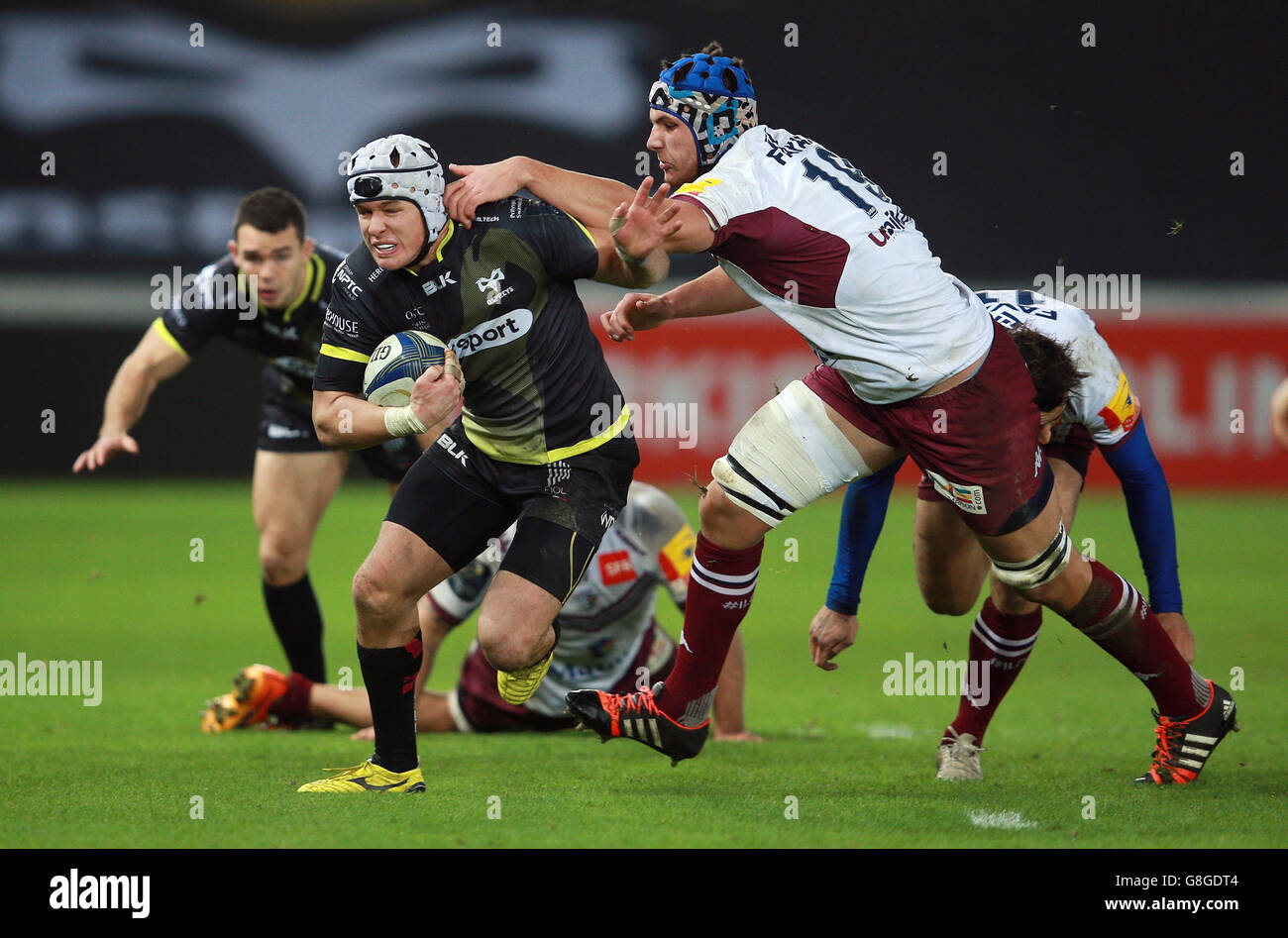 Ospreys' Hanno Dirksen is tackled by Bordeaux-Begles Cyril Cazeaux during the European Champions Cup, pool two match at the Liberty Stadium, Swansea. Stock Photo
