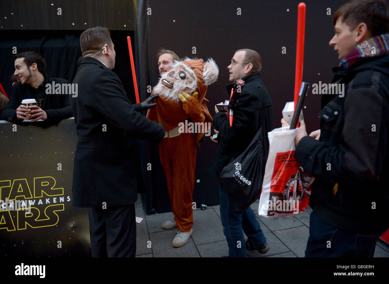 A fan in an Ewok costume attending the Star Wars: The Force Awakens European Premiere held in Leicester Square, London. PRESS ASSOCIATION Photo. See PA story SHOWBIZ StarWars. Picture date: Wednesday December 16, 2015. Photo credit should read: Anthony Devlin/PA Wire Stock Photo