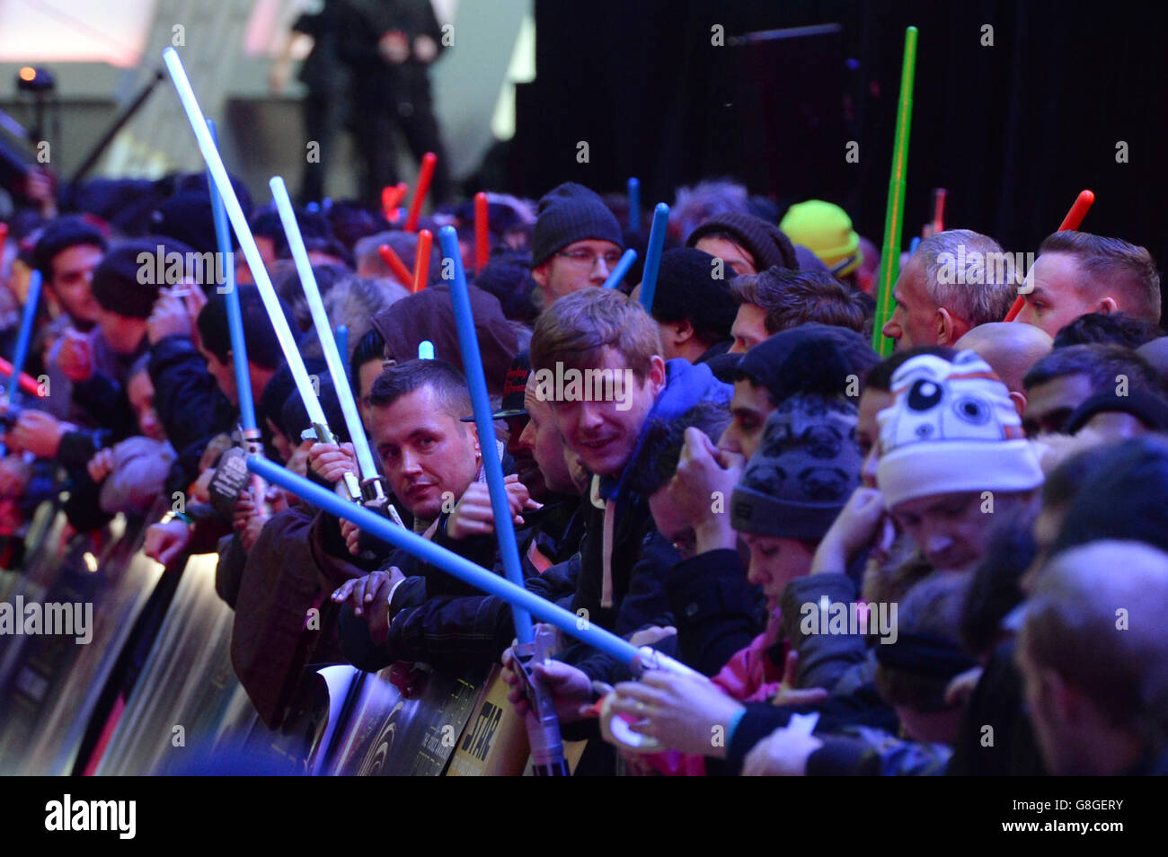 Fans with Star Wars merchandise before the Star Wars: The Force Awakens European Premiere held in Leicester Square, London. PRESS ASSOCIATION Photo. See PA story SHOWBIZ StarWars. Picture date: Wednesday December 16, 2015. Photo credit should read: Anthony Devlin/PA Wire Stock Photo