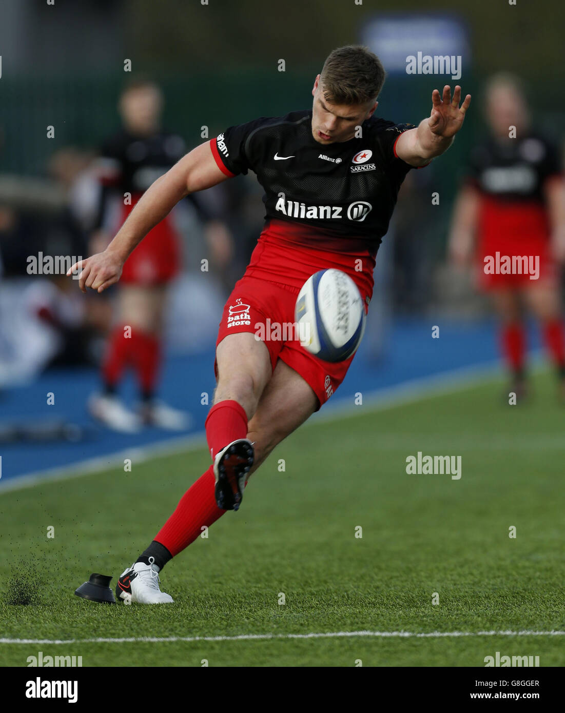 Saracens' Owen Farrell kicks a conversion during the European Champions ...