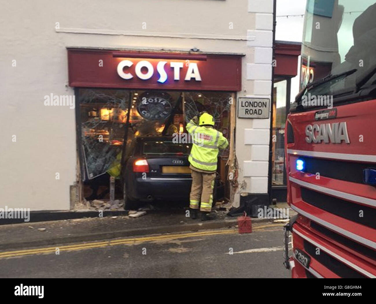 Note to eds: Number plate obscured by PA Picture Desk. BEST QUALITY AVAILABLE. Photo taken with permission from the Twitter feed of Sally Pendleton of a car embedded in the front of a Costa coffee store in Westerham, Kent. Stock Photo