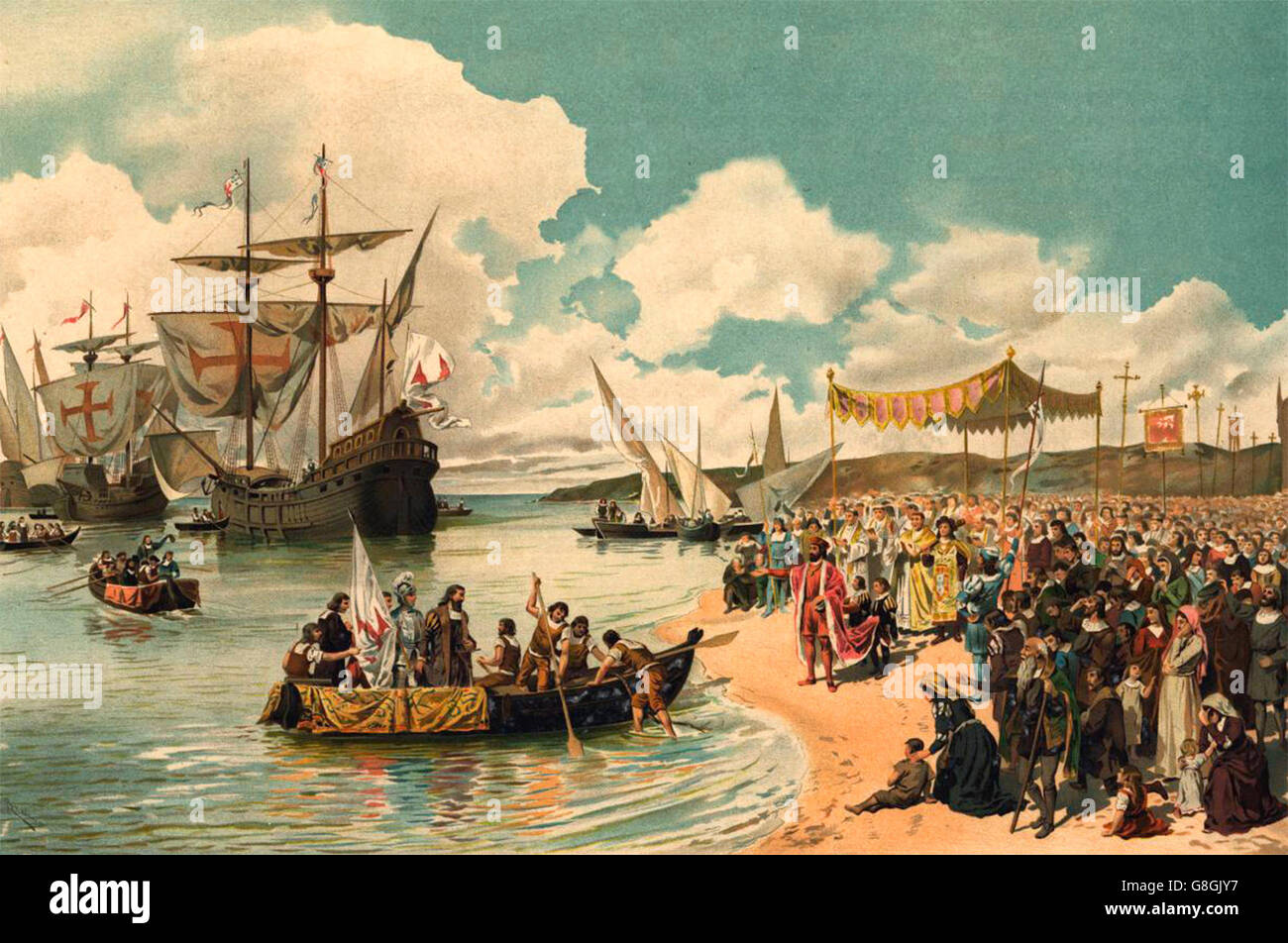The departure of Vasco da Gama to India in 1497  Alfredo Roque Gameiro Stock Photo