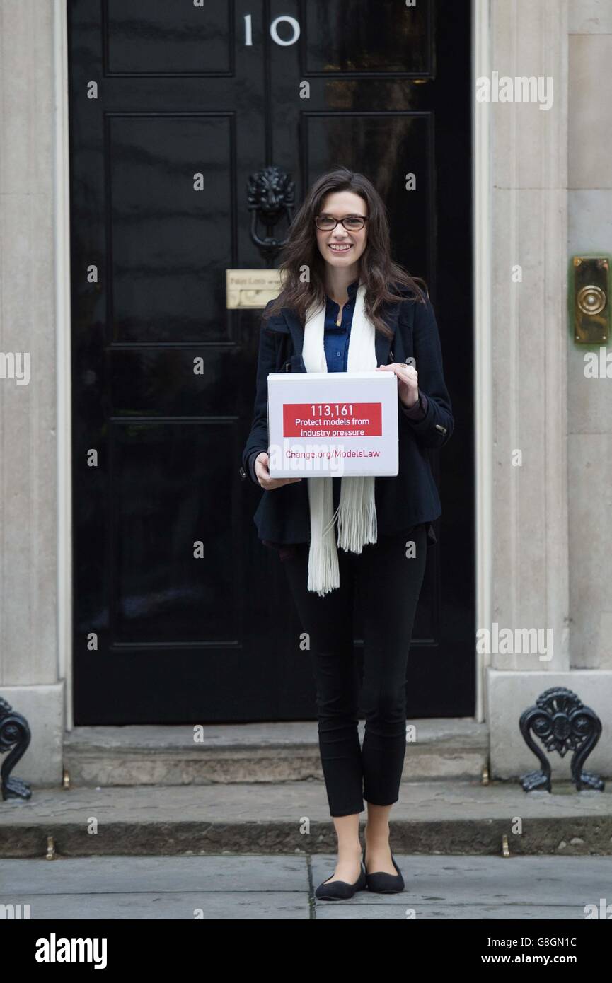 Model Rosie Nelson delivers a 100K signature petition to Downing Street signed by more than 113,000 people who want to see young people protected from being pressurised into becoming dangerously thin to meet industry requirements, ahead of a Parliamentary inquiry by the APPG into the fashion industry. Stock Photo