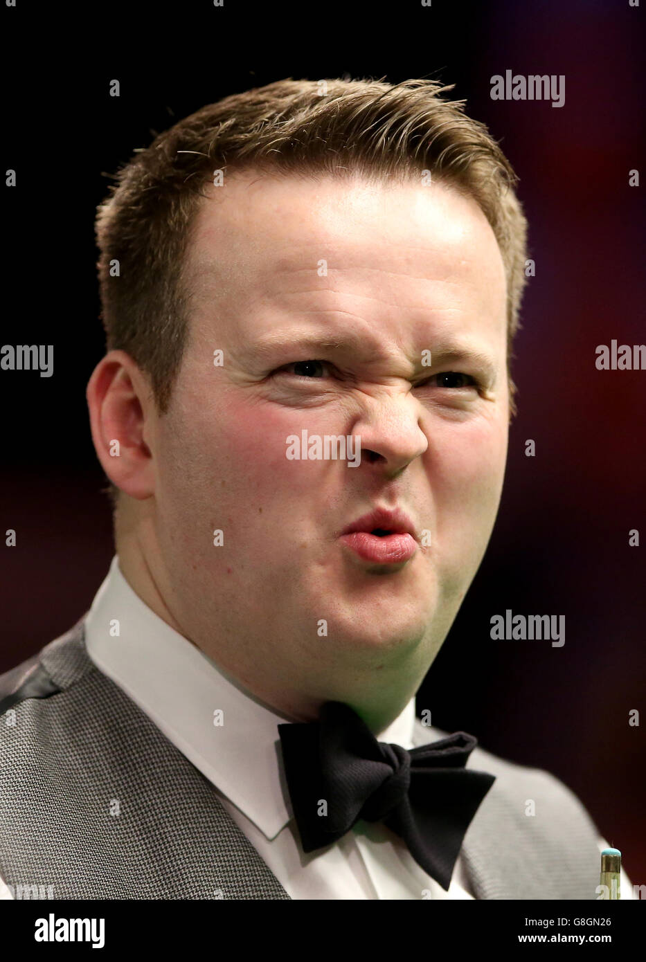 Shaun Murphy reacts during his match against Ben Woollaston during day seven of the 2015 Betway UK Snooker Championship at The York Barbican, York. Stock Photo