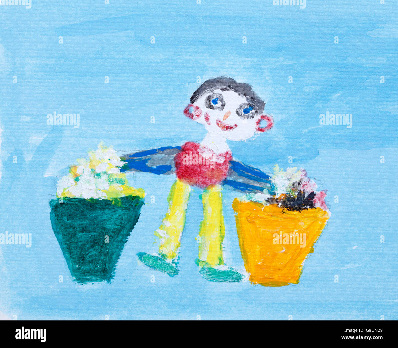 Boy with selective garbage cans.Children painting. Stock Photo