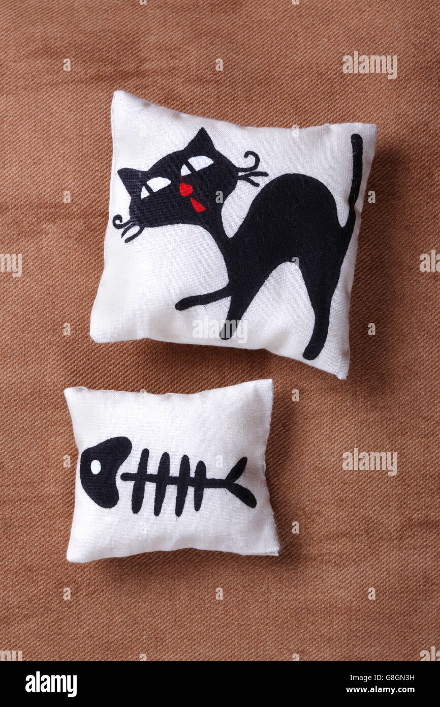 Two pillows with cat and fish bone Stock Photo