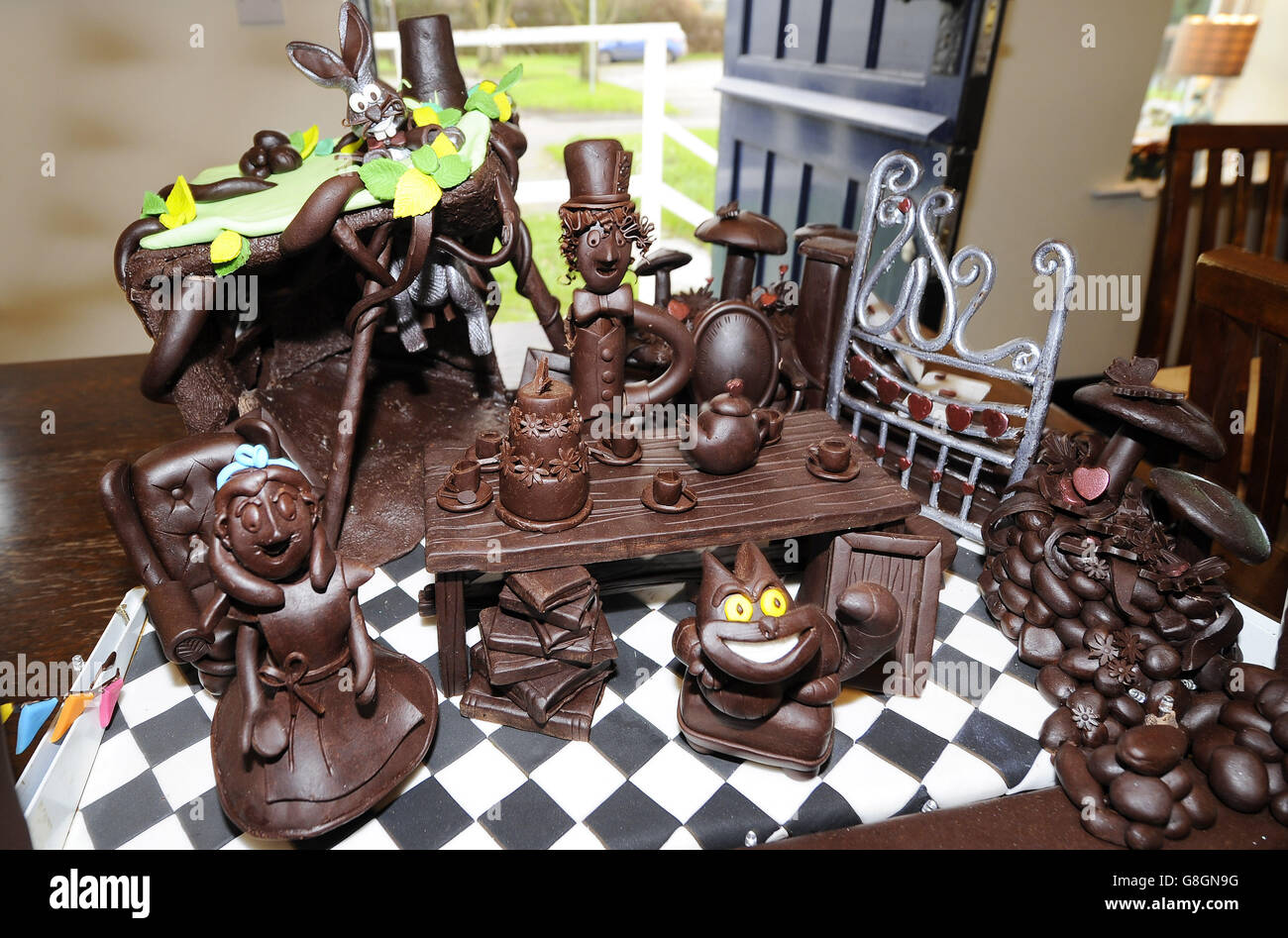 An Alice In Wonderland' chocolate creation made by Ashley McCarthy the chef and owner of the Sun Inn at Colton near York, to raise funds for the Martin House Childrens Hospice. Stock Photo