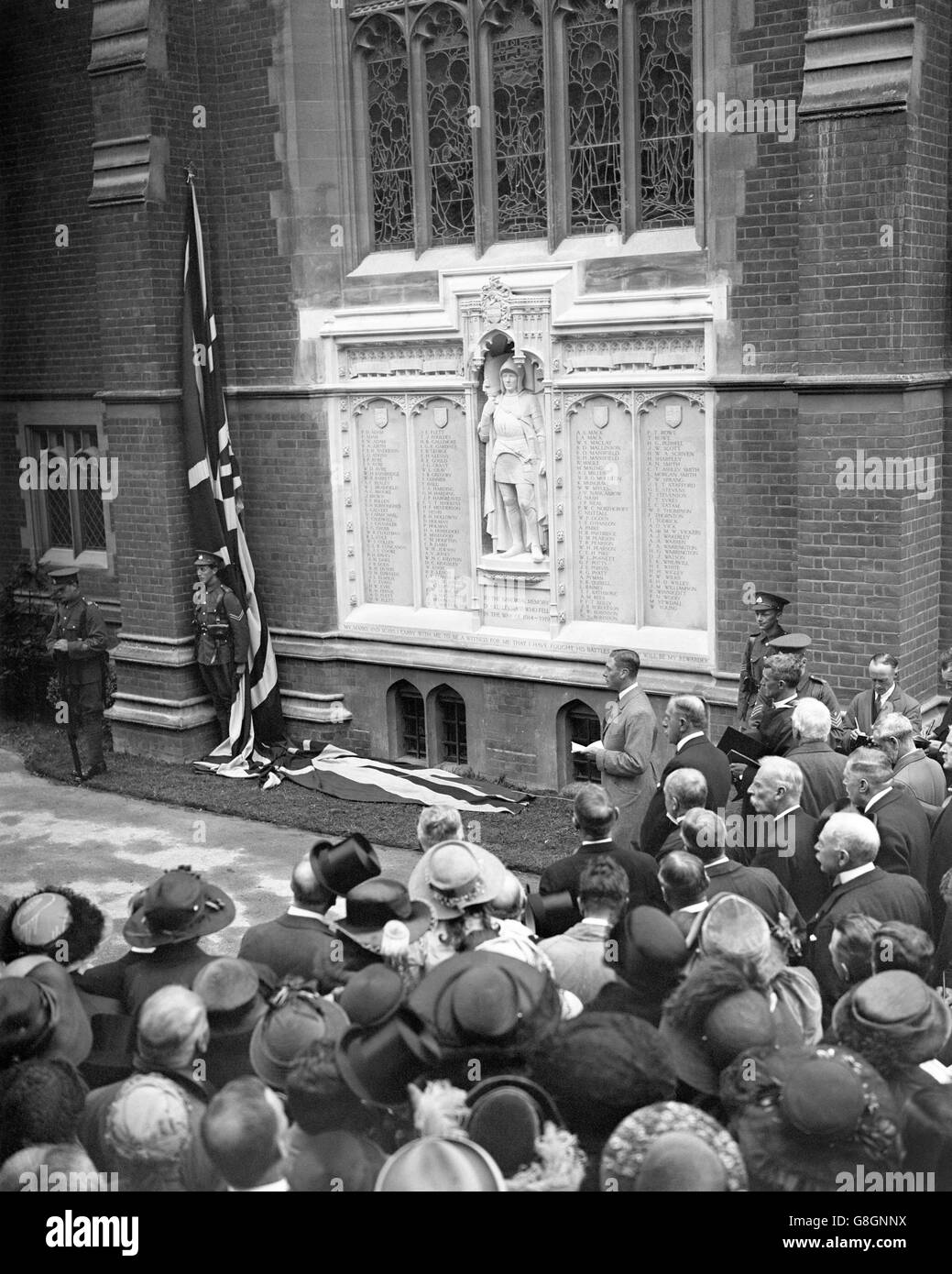 The Duke of York delivering his address after unveiling the Leys School War Memorial at Cambridge. Stock Photo