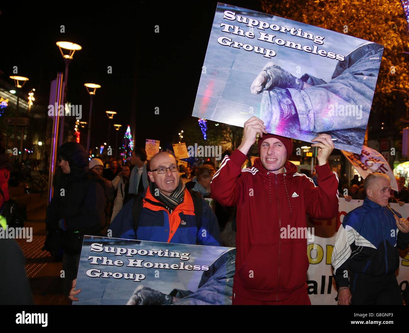 Leading housing charities, trade unions, community action groups, political parties and minority representatives take part in a march along O'Connell Street in Dublin, to mark the first anniversary of the death of Jonathan Corrie. Stock Photo