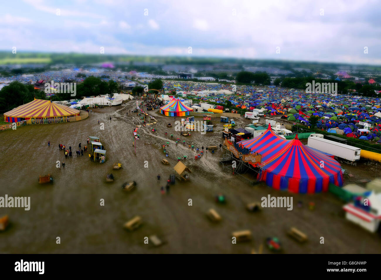 View of the Glastonbury festival from the top of the Ribbon Tower in the Park Area of the site Stock Photo