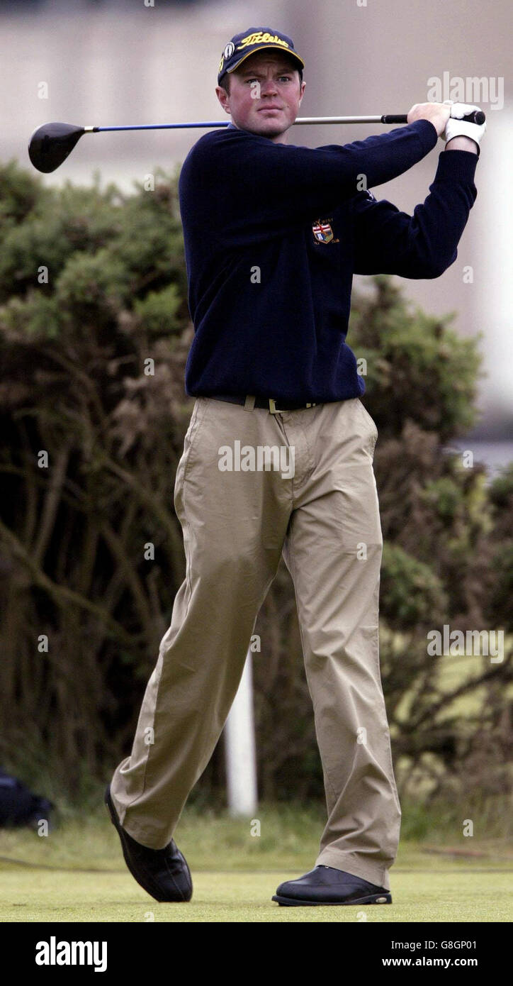 Republic of Ireland's Brian McElhinney tees off at the second hole during the first round. Stock Photo